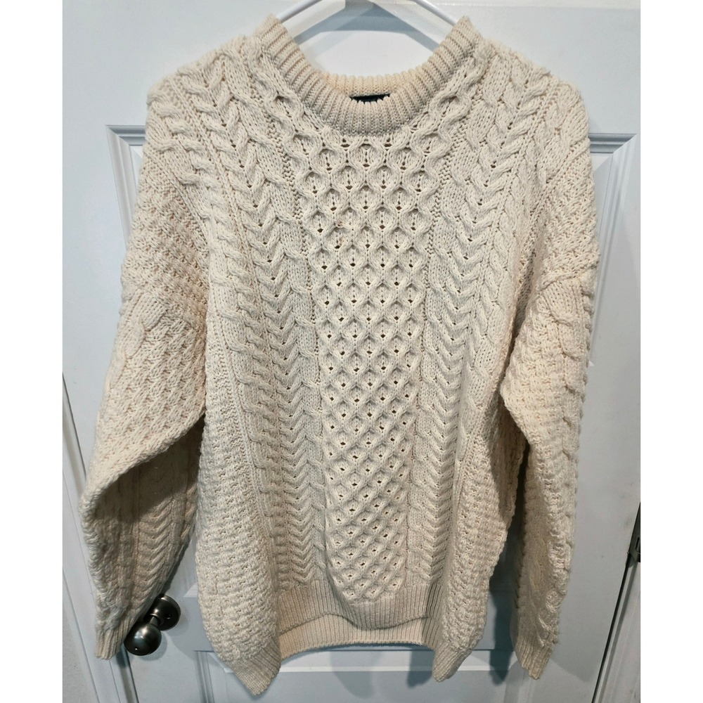 Aran Woollen Mills Sweater Mens M Cream Merino Wool Cable Knit Irish Fisherman M